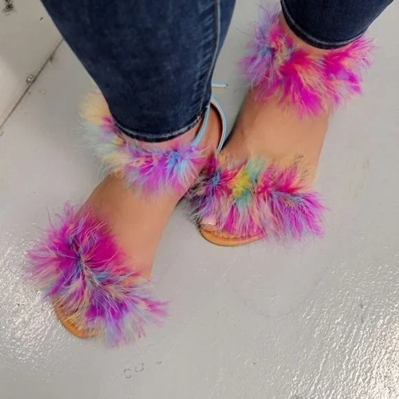 Women's Multicolor Feathered Embellished Sandals Blue Color - Picture 4 of 4